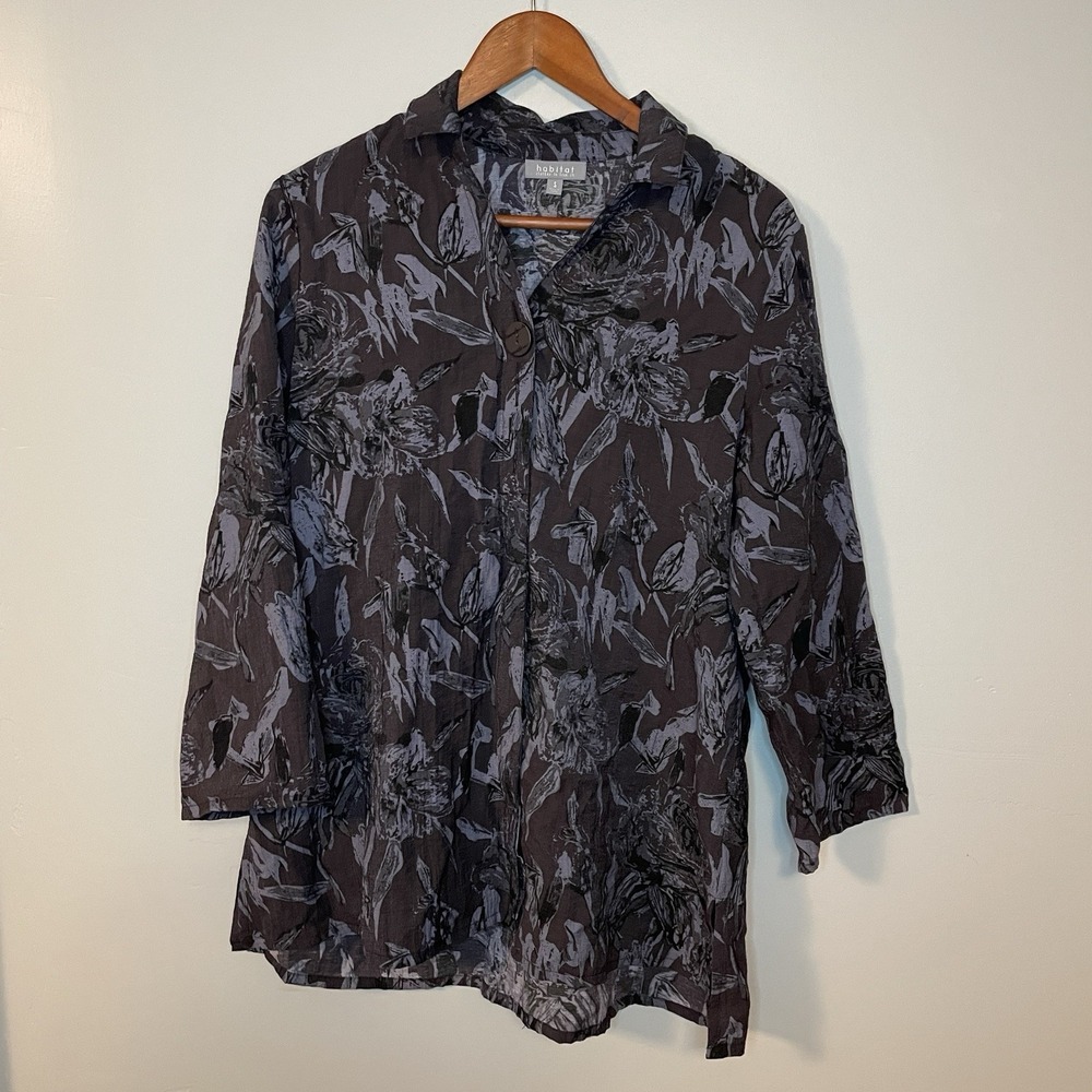 Habitat Moody Floral Button‎ Up Shirt Top Blue Size S Lagenlook Artsy
